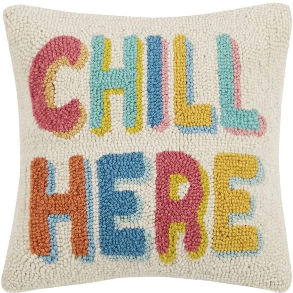 PEKING HANDICRAFT NWT wool cotton hook pillow ‘chill here’ -14”